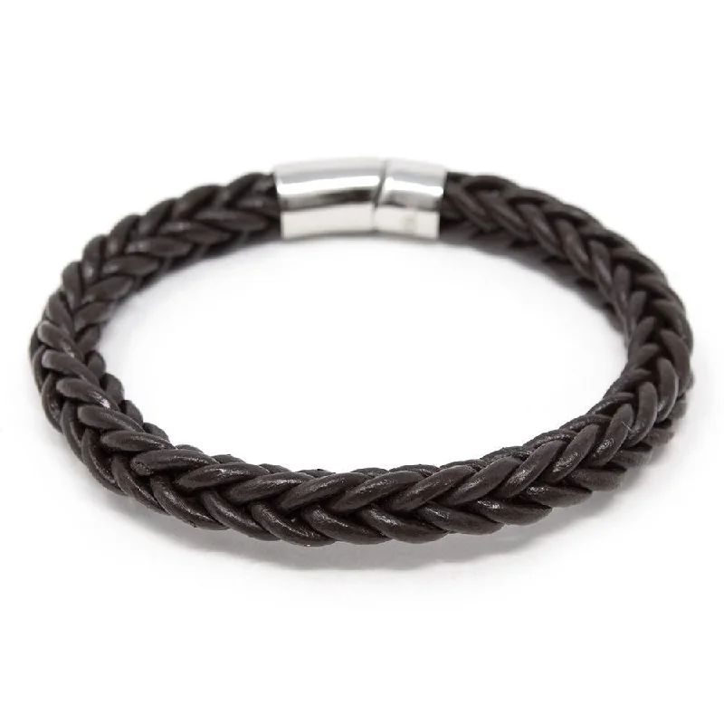 Stainless Steel and Dark Brown Braided Leather Bracelet