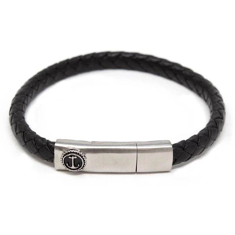 Stainless Steel Black Braided Leather Bracelet with Anchor