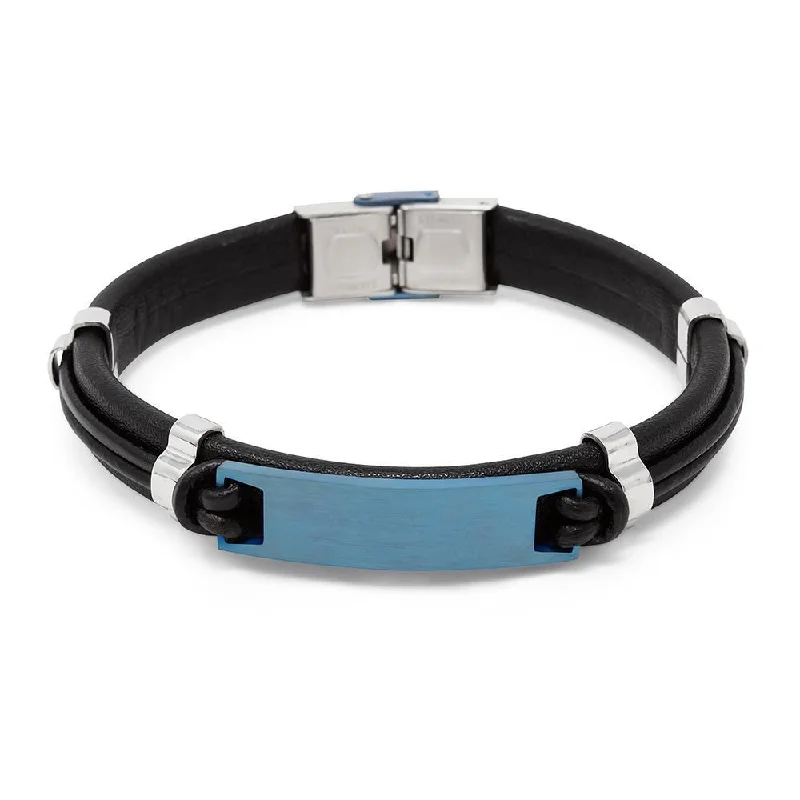 Stainless Steel Black Brown Leather Bracelet ID Station Blue