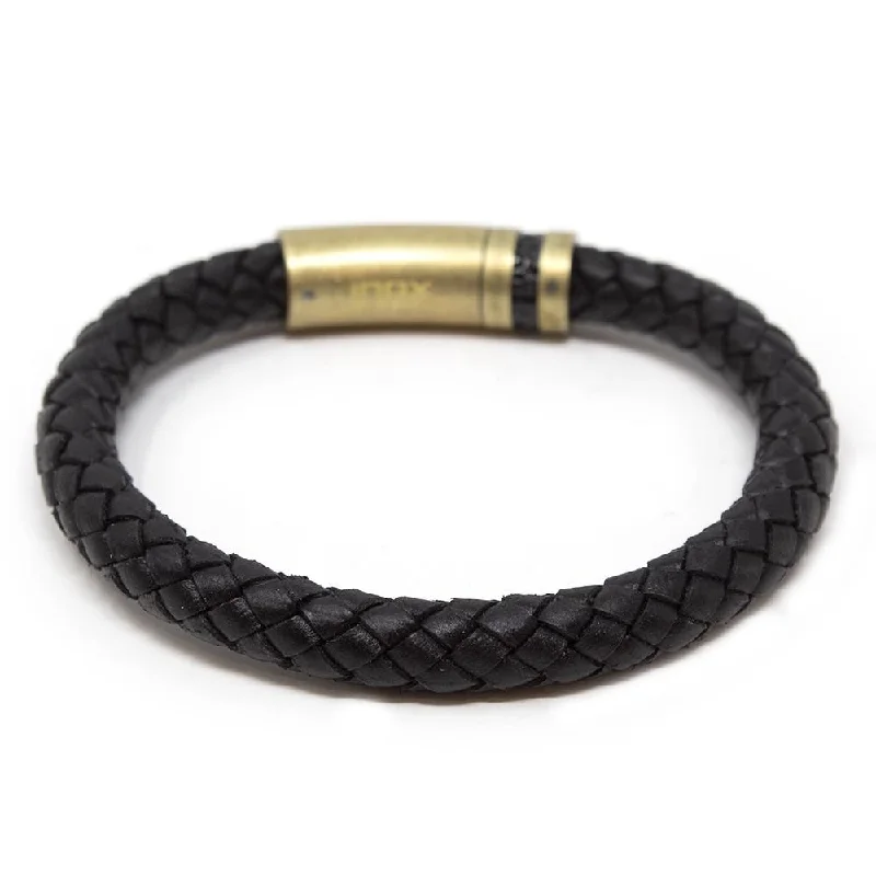 Stainless Steel Black Leather Braided Bracelet Antique Gold Clasp