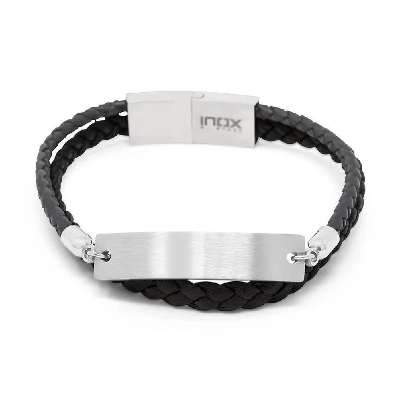 Stainless Steel Black Leather Braided ID Bracelet