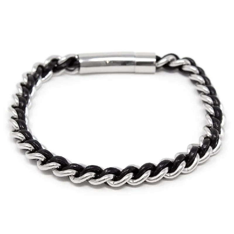 Stainless Steel Bracelet Black Leather Braided in Chain