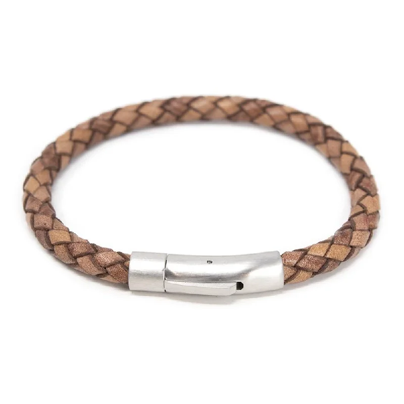 Stainless Steel Braided Leather Bracelet Beige