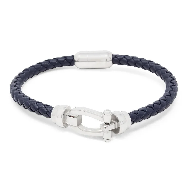 Stainless Steel Braided Leather Bracelet Horseshoe Navy Silver