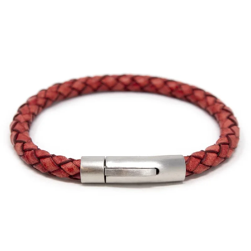 Stainless Steel Braided Leather Bracelet Red