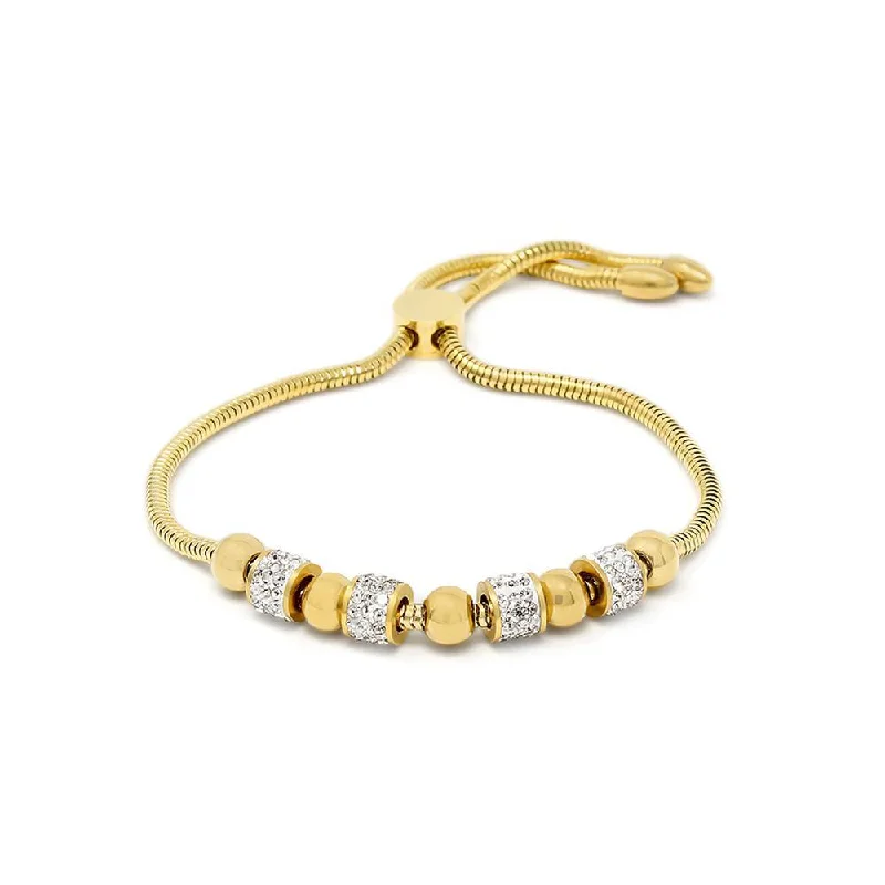 Stainless Steel Cocoon Chain Bracelet Crystal Pave Beads Gold Plated