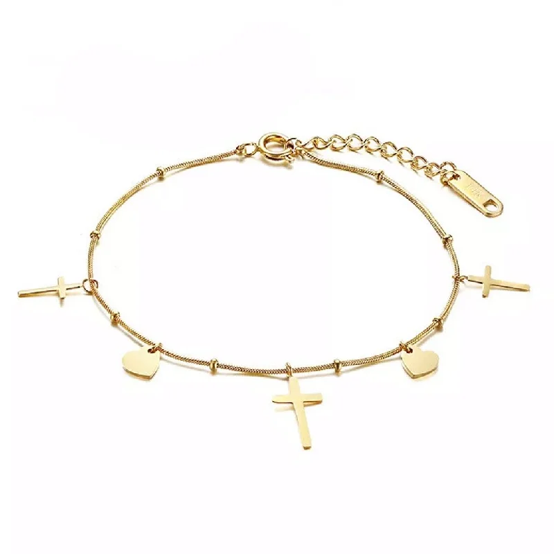 Stainless Steel Cross Heart Charms Bracelet Gold Plated