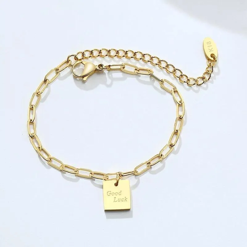 Stainless Steel Good Luck Charm 6" PaperClip Bracelet Gold Plated