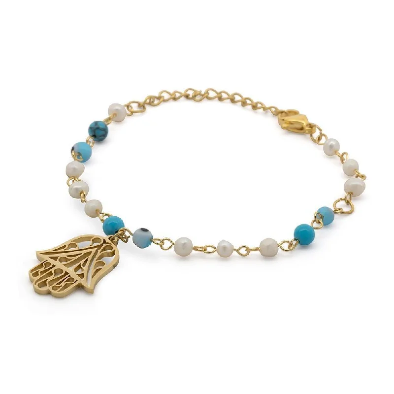 Stainless Steel Hamsa Hand Bracelet with Pearl Evil Eye Gold Plated