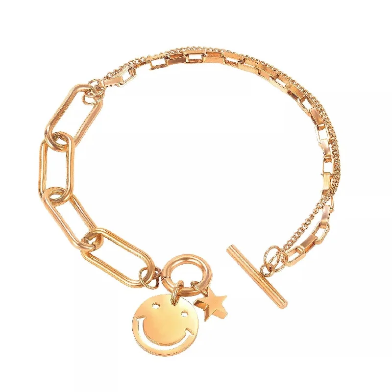 Stainless Steel Happy Face Charm Bracelet Rose Gold Plated