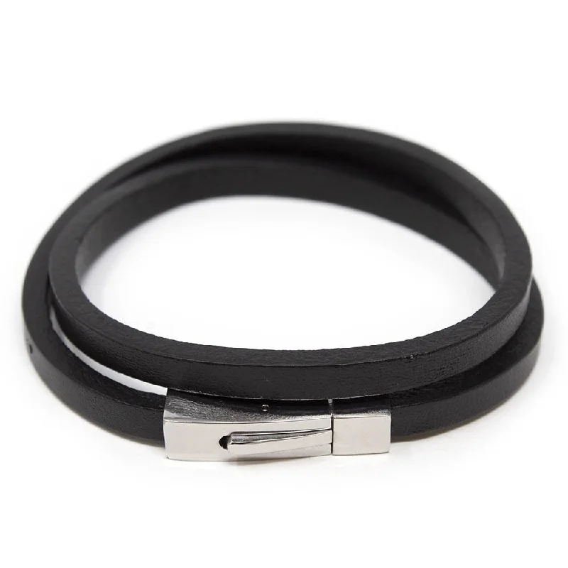 Stainless Steel Leather Wrap Bracelet Rectangle Push Lock