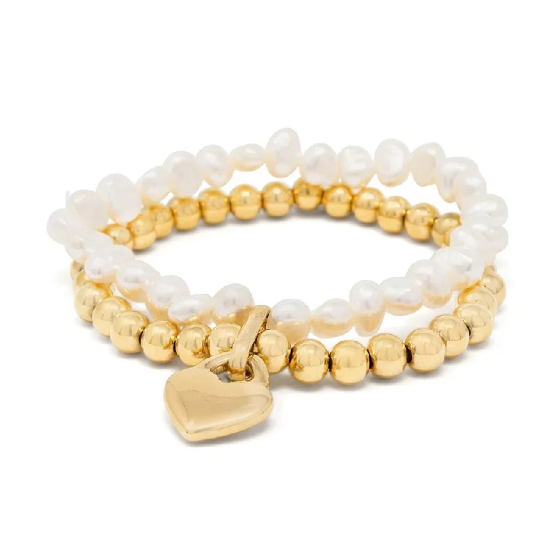 Stainless Steel Pearl Stretch Bracelet with Heart Charm Gold Plated