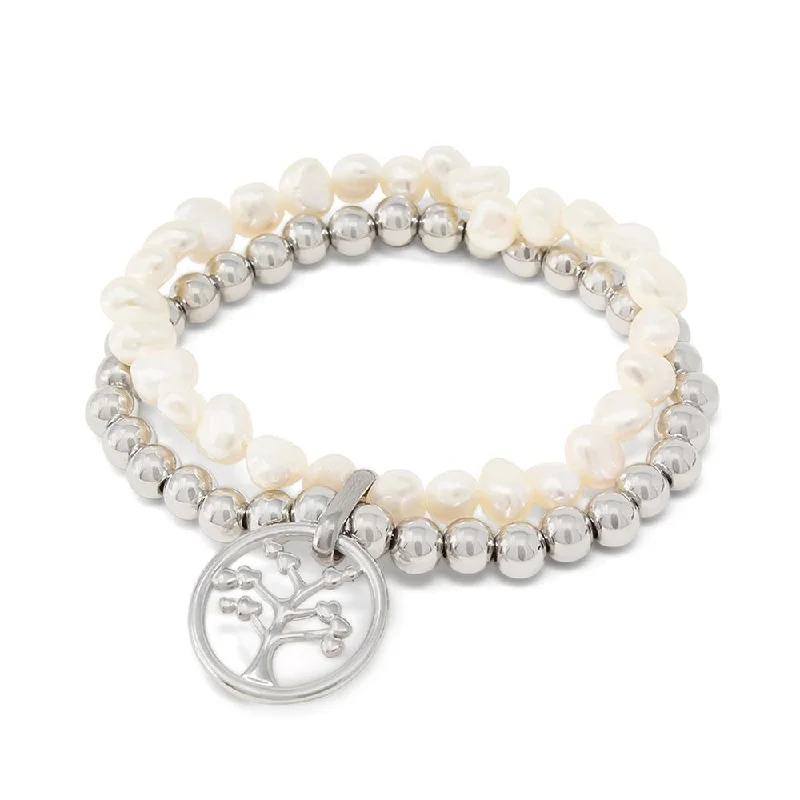 Stainless Steel Pearl Stretch Bracelet with Tree of Life Charm