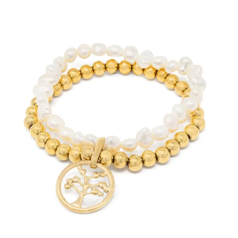 Stainless Steel Pearl Stretch Bracelet with Tree of Life Charm Gold Plated