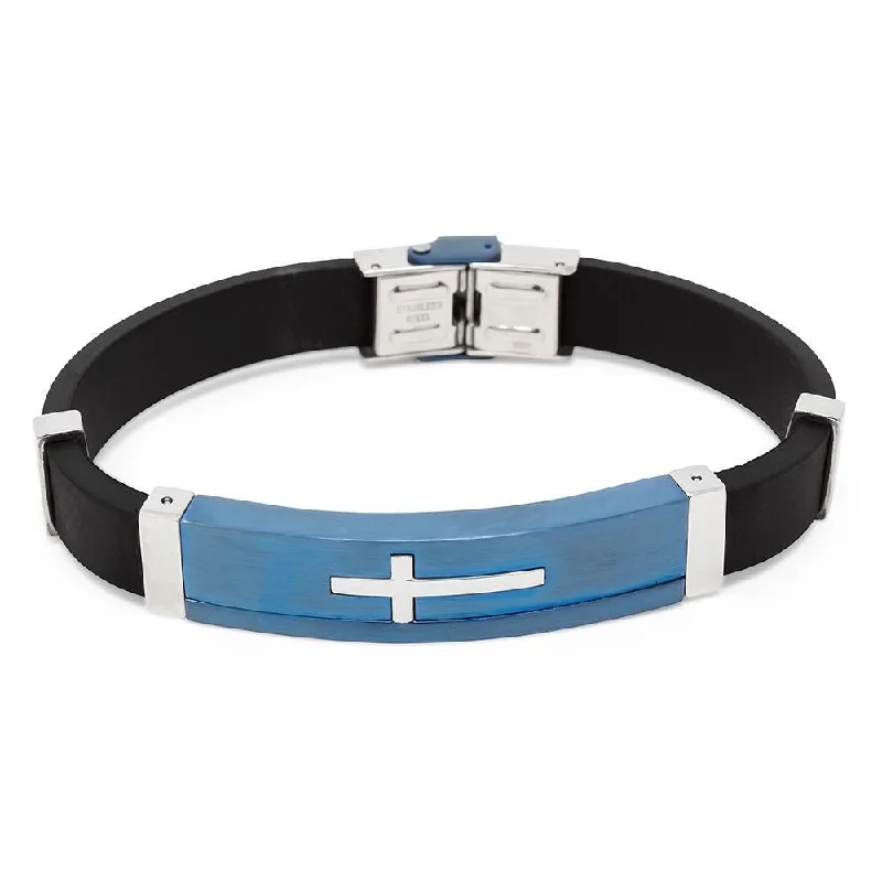 Stainless Steel Rubber Bracelet Cross Station Blue