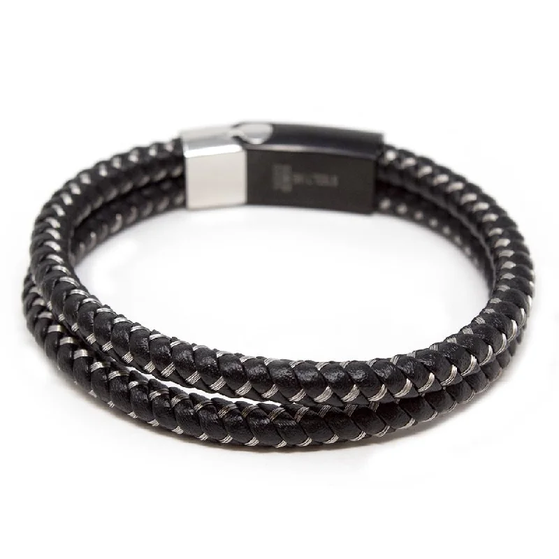 Stainless Steel Two Row Braided Leather Wire Bracelet Black Silver