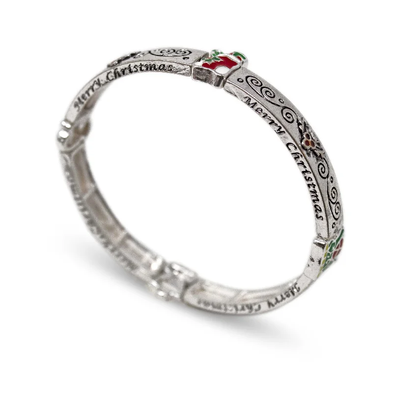 Stretch Bracelet Christmas Theme Silver Tone