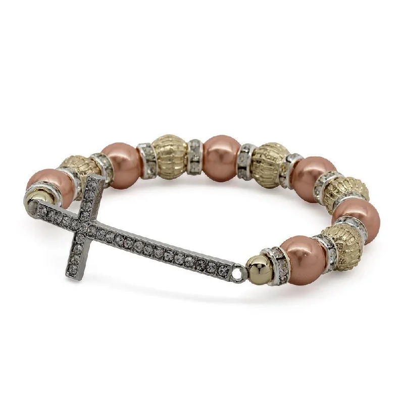 Stretch Bracelet Cross - Three Tone Pearl