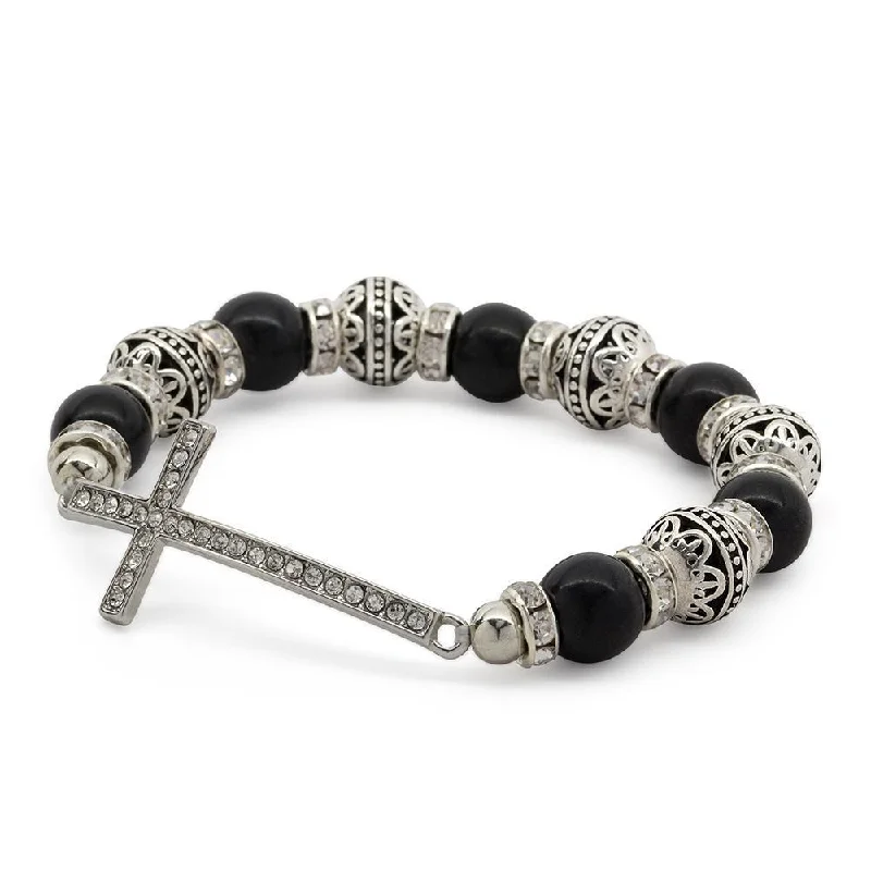 Stretch Bracelet Cross - Two Tone Black and Silver Tone