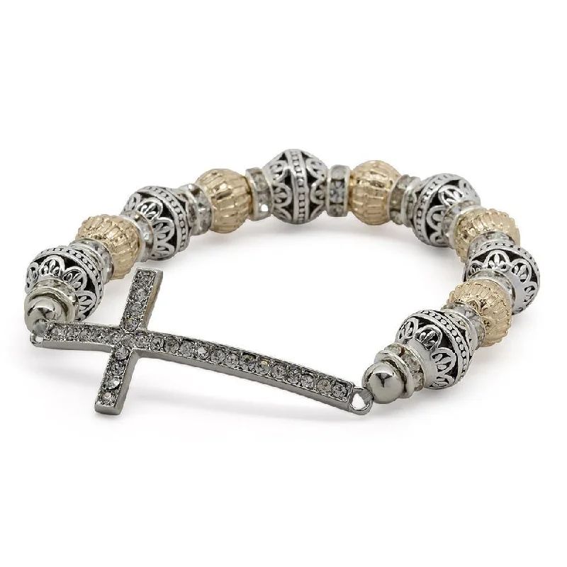 Stretch Bracelet Cross - Two Tone Gold and Silver Tone