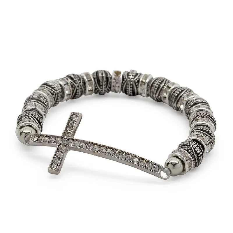 Stretch Bracelet Cross Silver Tone