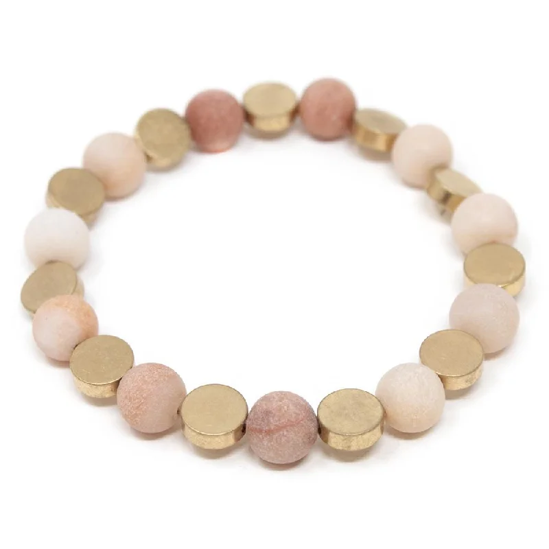 Stretch Bracelet Semi Precious Bead Gold Disc Peach