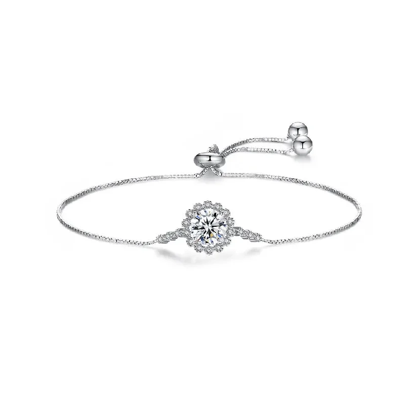 Topaz One Carat Moissanite Bracelet 925 Sterling Silver Moissanite Round Adjustable Charm Bracelet