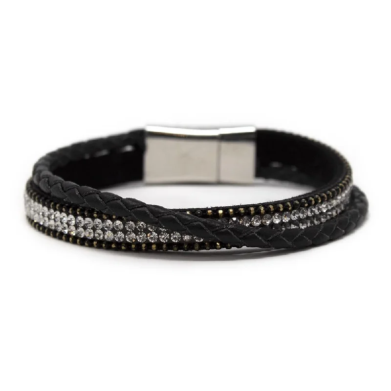 Two Row Black Leather Bracelet with Crystal