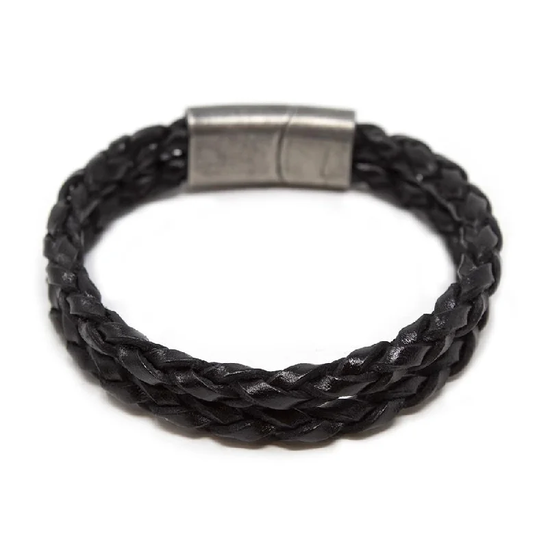 Two Row Braided Leather Bracelet W Puzzle Clasp Bk