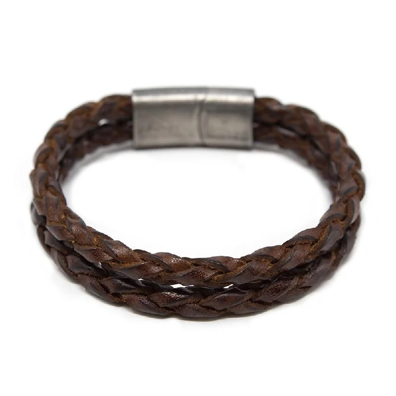 Two Row Braided Leather Bracelet W Puzzle Clasp Brown