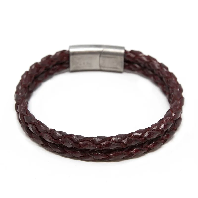 Two Row Braided Leather Bracelet W Puzzle Clasp Burgundy