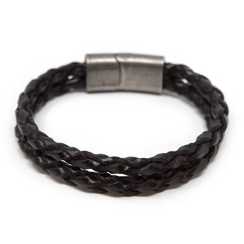 Two Row Braided Leather Bracelet W Puzzle Clasp Dark Bn