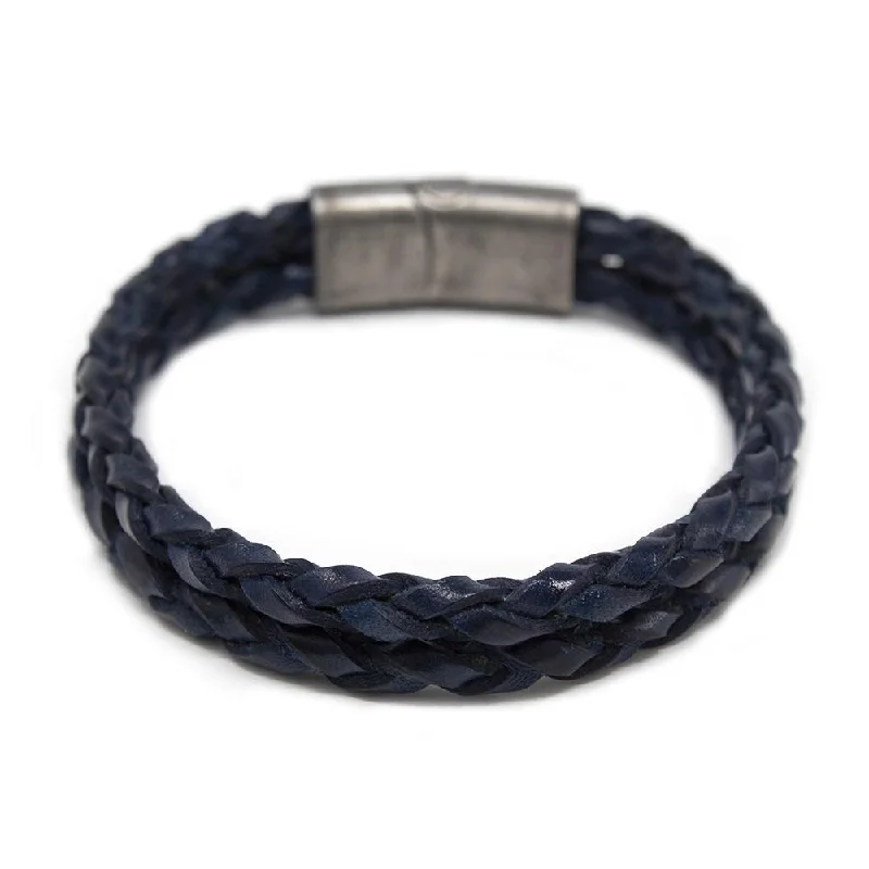 Two Row Braided Leather Bracelet W Puzzle Clasp Navy