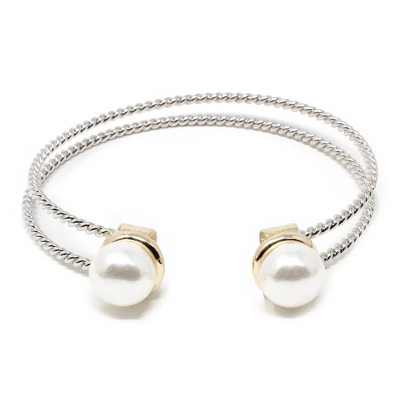 Two Tone Cable Bangle Bracelet Pearl Ends