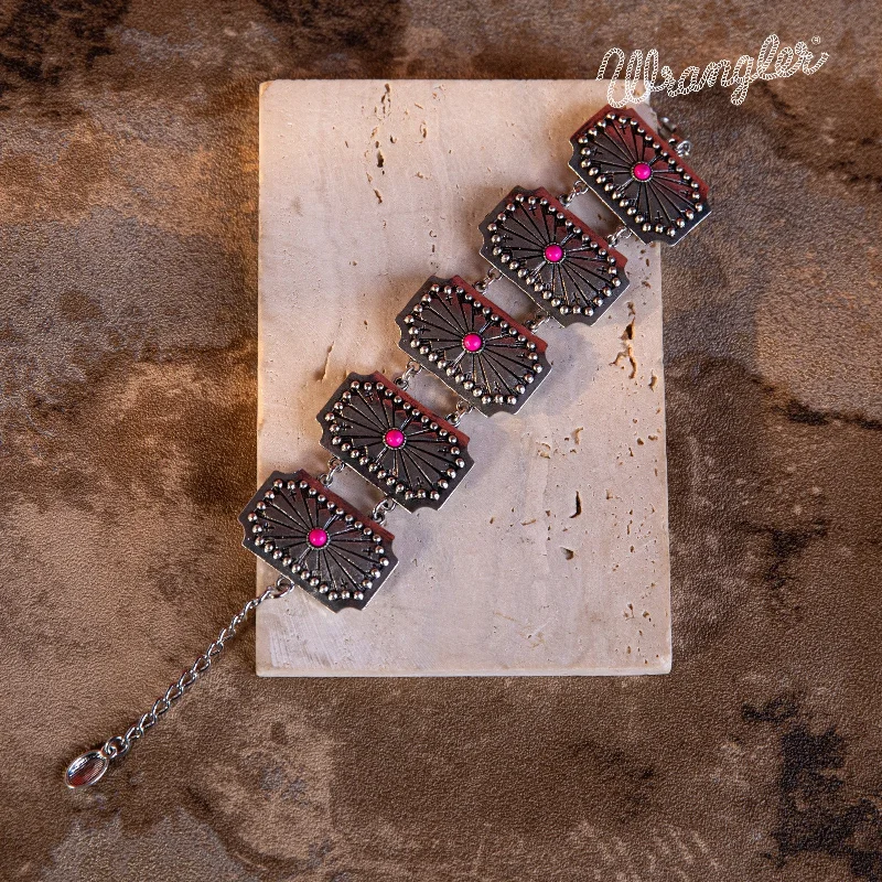 WGW-1003  Wrangler  Silver  Chain Concho Cuff Bracelet Hot Pink  Stone - Hot Pink