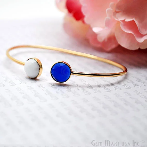 White Agate & Blue Chalcedony Round Shape Adjustable Gold Plated Bangle Bracelet