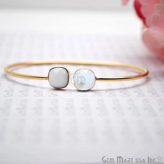 White Agate & Hydro Blue Topaz Cushion Shape Adjustable Gold Plated Bangle Bracelet