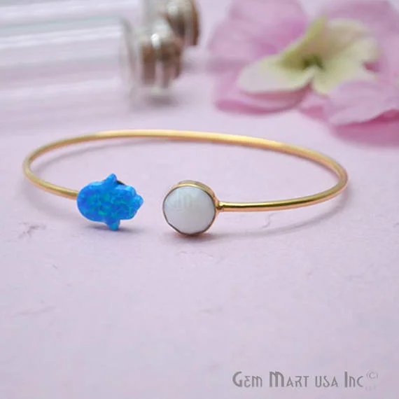 White Agate & Opalite Adjustable Interlock Gold Plated Stacking Bangle Bracelet