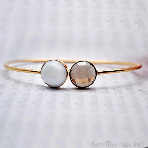 White Agate & Smoky Topaz 12mm Round Adjustable Interlock Gold Plated Bangle Bracelet