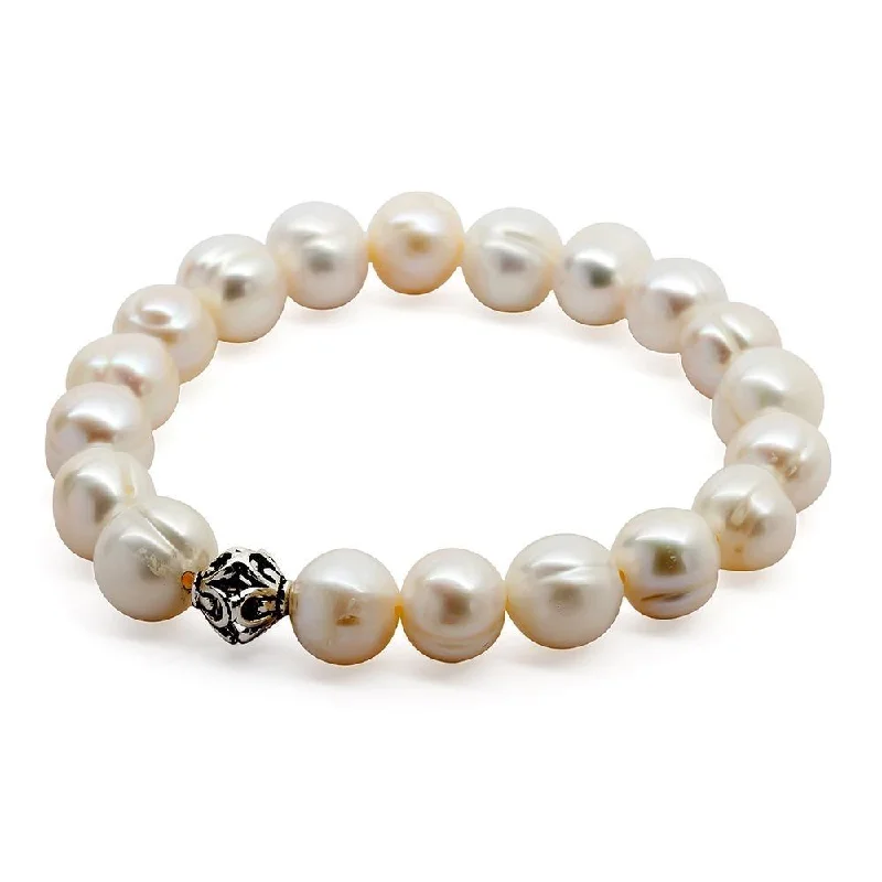 White Pearl Stretch Bracelet with 925 Sterling Silver Bead