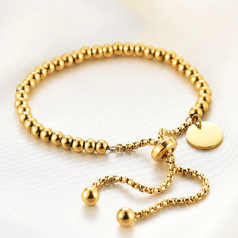 Wholesale 18K Gold Stainless Steel Round Tag Adjustable Ball Bead Engraving Bracelet