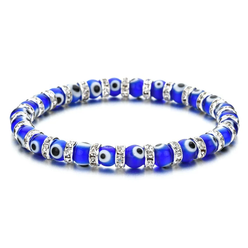 Wholesale 6mm Glass Bead Alloy Diamond Devil Eye Bead Elastic Bracelet