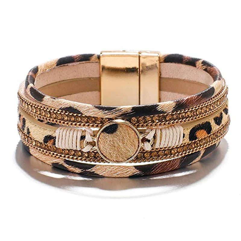 Wholesale Alloy Magnet Buckle Leopard Genuine Leather Horsehair Bracelet