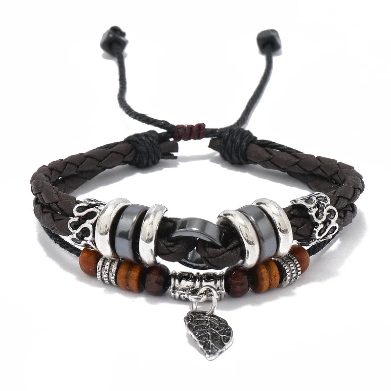 Wholesale Beaded Multi-layer Woven Leaves Men's Leather Bracelet