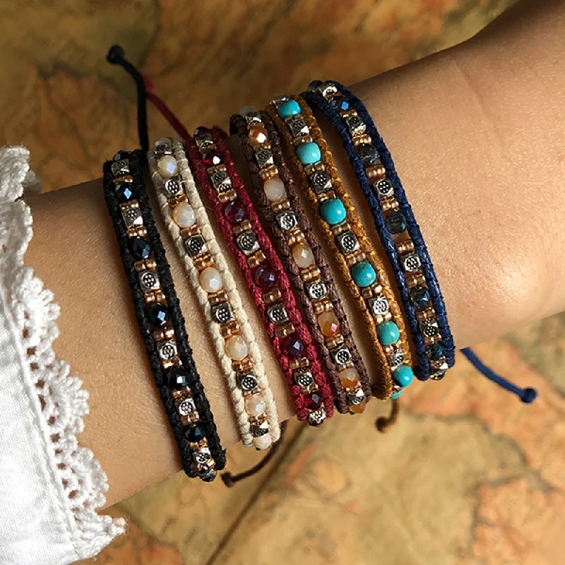 Wholesale Bohemian Colorful Rice Beads Double Strand Woven Rope Stretch Bracelet