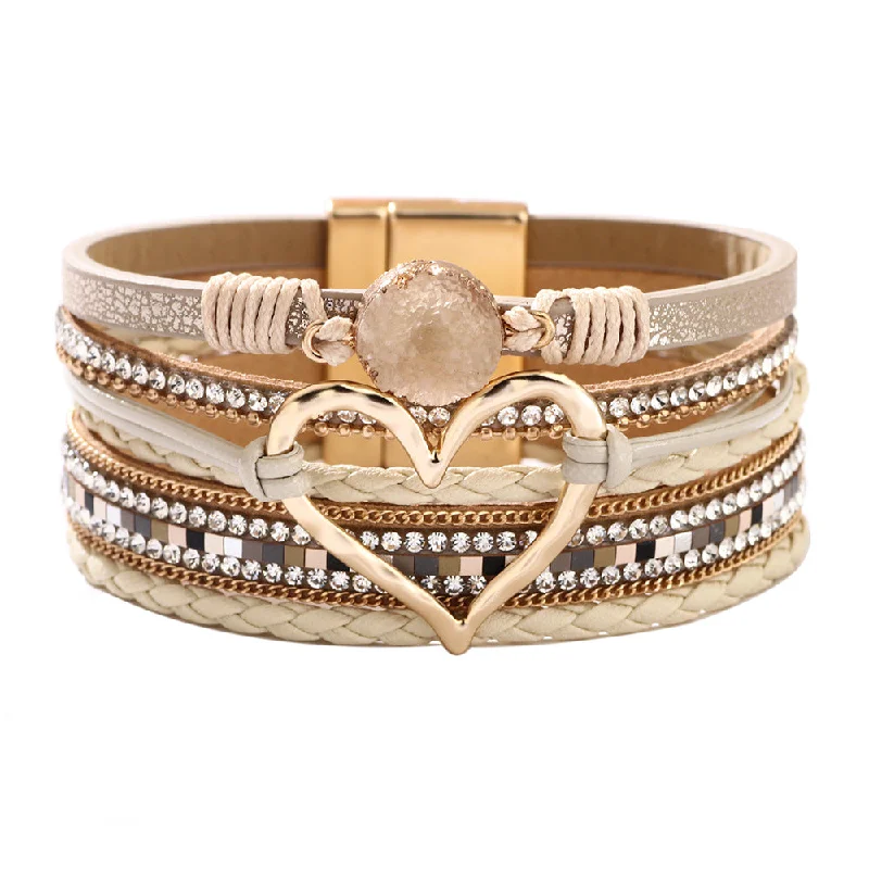 Wholesale Bohemian Heart Rhinestone Magnetic Leather Bracelet