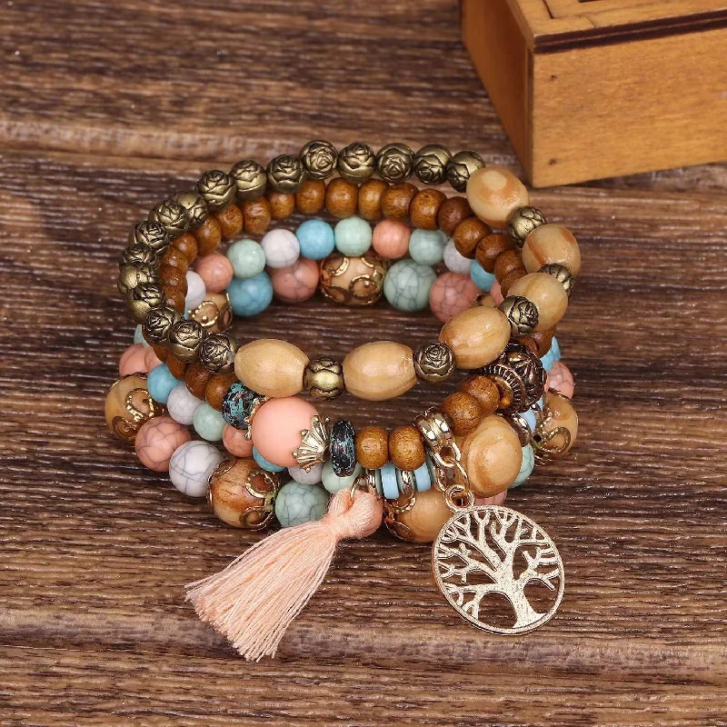 Wholesale Bohemian Style Multi-layer Wooden Beads Stretch Bracelet