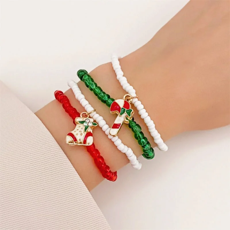 Wholesale Christmas Colorful Rice Beads Cane Socks Beaded Bracelet Set