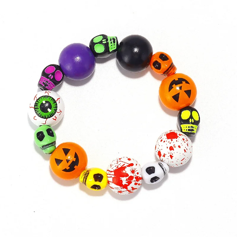 Wholesale Halloween Bracelet Beaded Pumpkin Head Skull Ghost Beads 16mm Wooden Beads Black Stone Bracelets