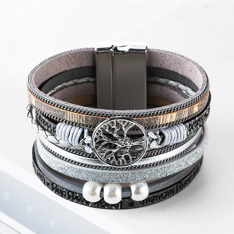 Wholesale Hand Woven Leather Hollow Tree of Life Multilayer Bracelet